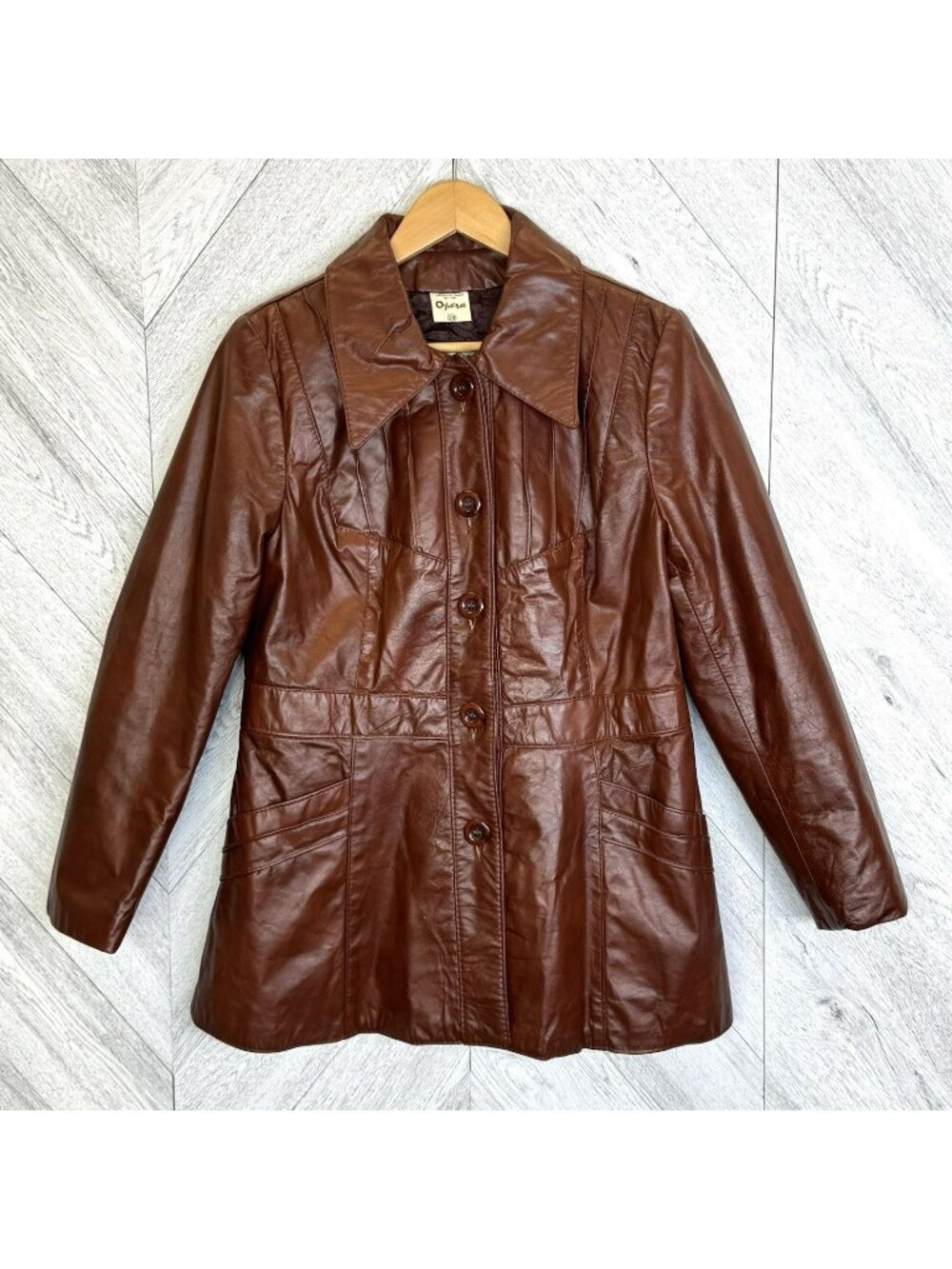 Vintage 70s Brown Leather Trench Style Jacket Wide Collar Womens M/L Retro Boho